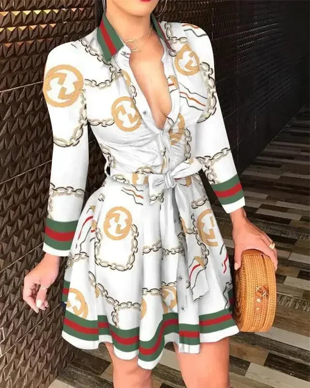 Elegant Casual Long Sleeved Dress With Buttons and Lapels