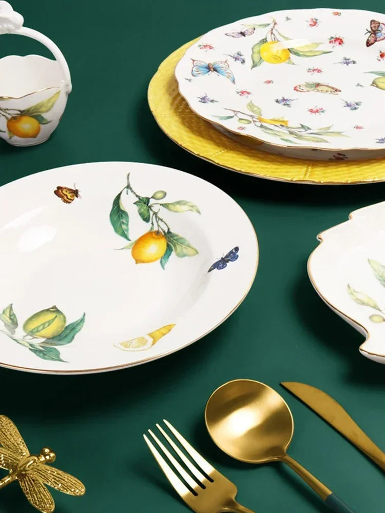 Europeanc Style Ceramic Dining Plate Elegant Lemon Pattern Dinner Steak Plate Coffee Cup Set Western Cuisine Dessert Plate