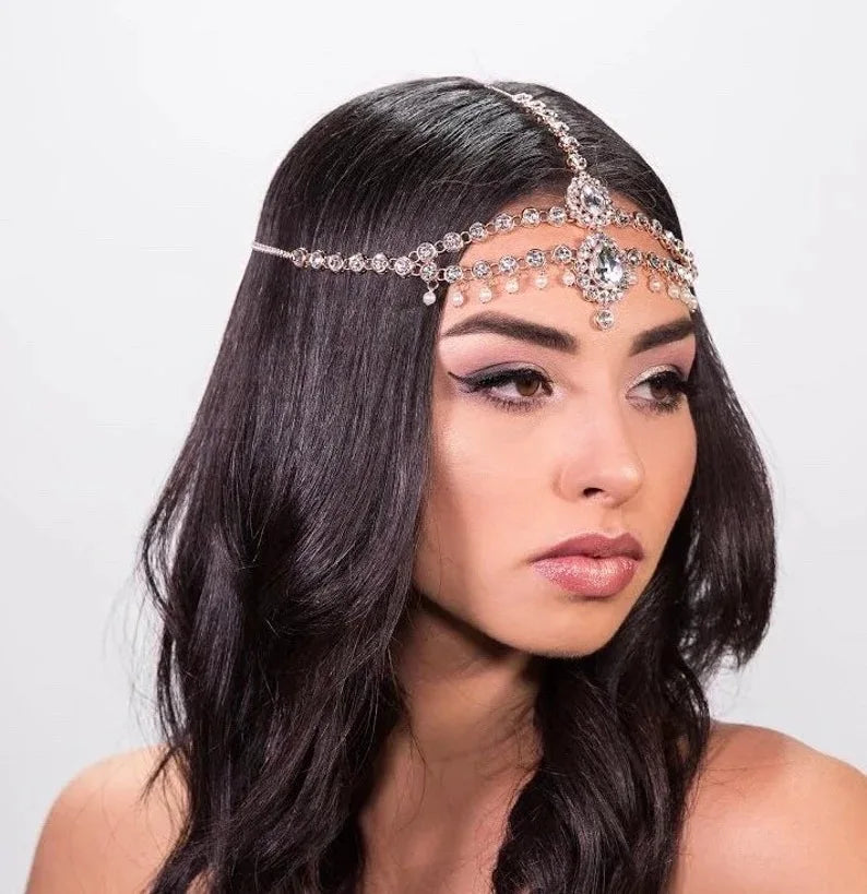 Vintage Rhinestone Head Chain Forehead Headband Indian African Bohemian Hair Accessories Crystal Fringe Tiara Headdress