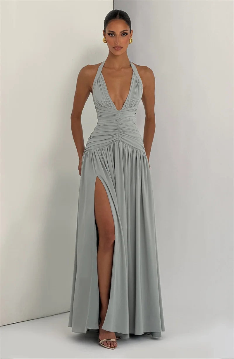 Elegant Halter Deep V Neck Sexy Maxi Women Dress Off-shoulder Sleeveless