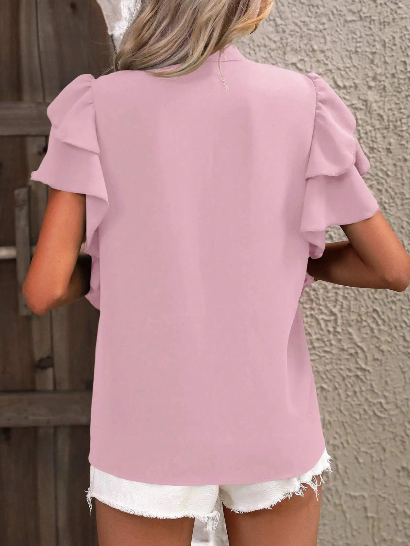 Elegant Women Summer Blouse V-neck Casual Double Layered Ruffle Sleeves