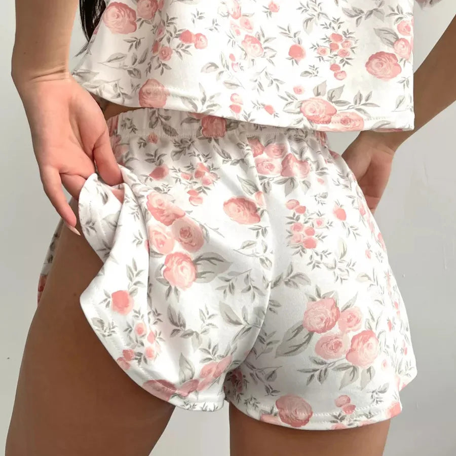 Women's Pajama Set Floral Heart Print Cotton Sleepwear Top& Slit Shorts