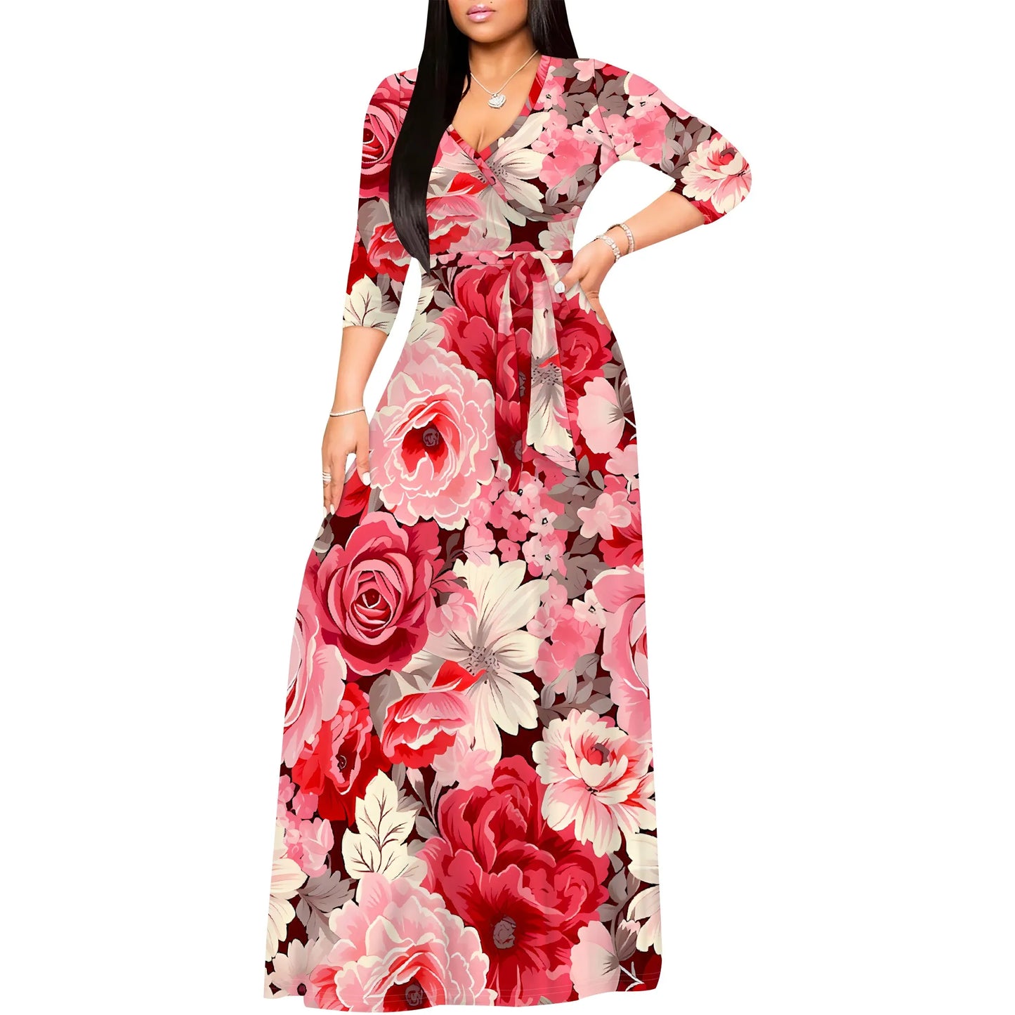 Romantic Floral Rose V-Neck 3/4 Sleeve Wrap Maxi Dress with Belt