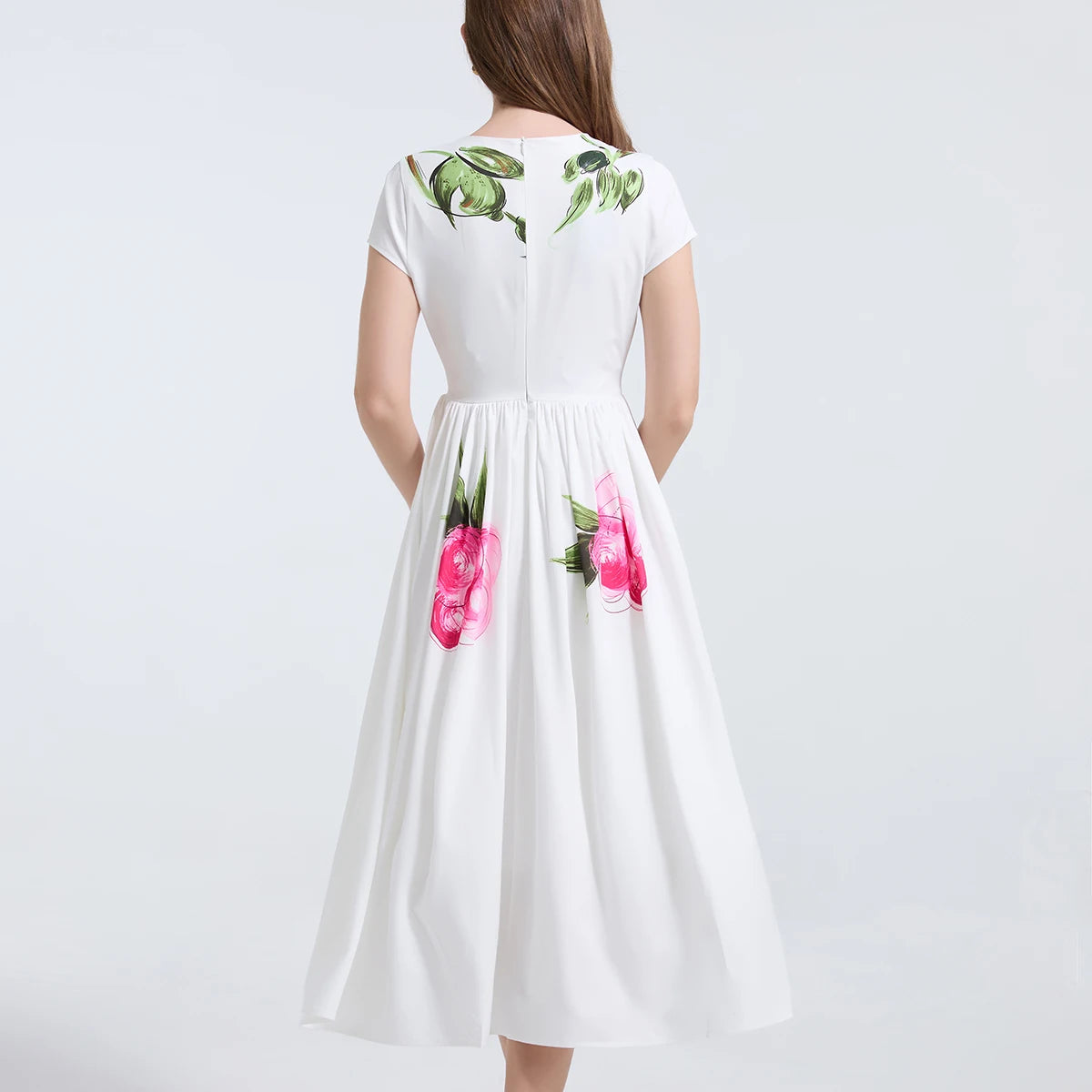 Summer French Women's Retro Pink Flower Waist Cinching Slimming Big Swing Dress Elegant Anti-aging Short Sleeved Skirt