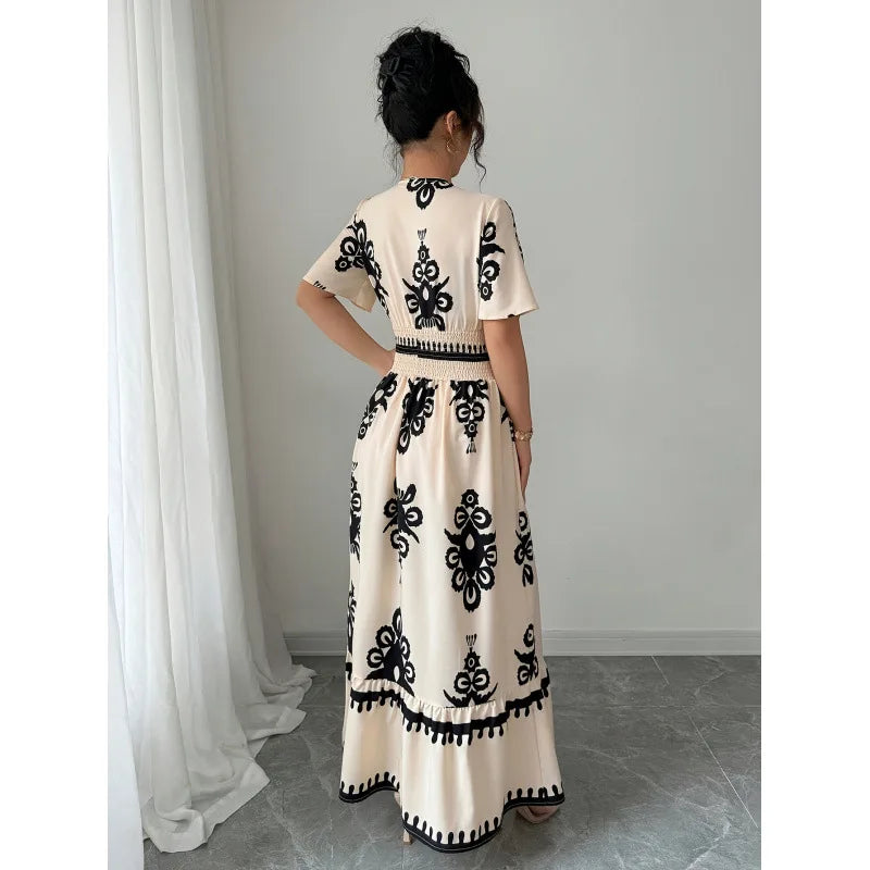 Women Summer Long Dress Vintage Print Maxi Gown V Neck Short Sleeve Tight Waist A Line