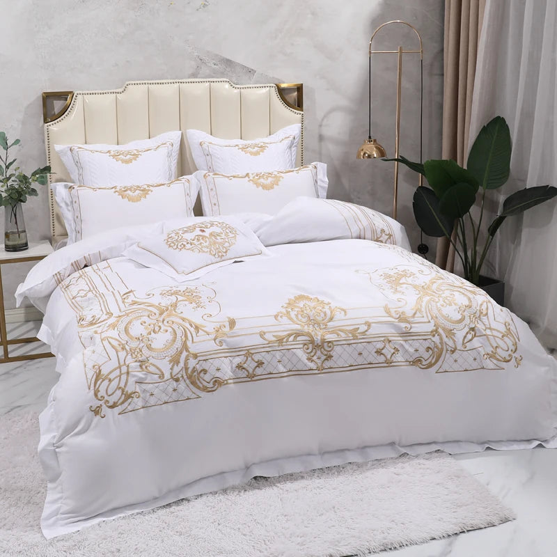 European Luxury White Egyptian Cotton Gold Embroidery Bedding Set Quilt Cover Fitted Bed Sheet Pillowcases Solid Home Textiles