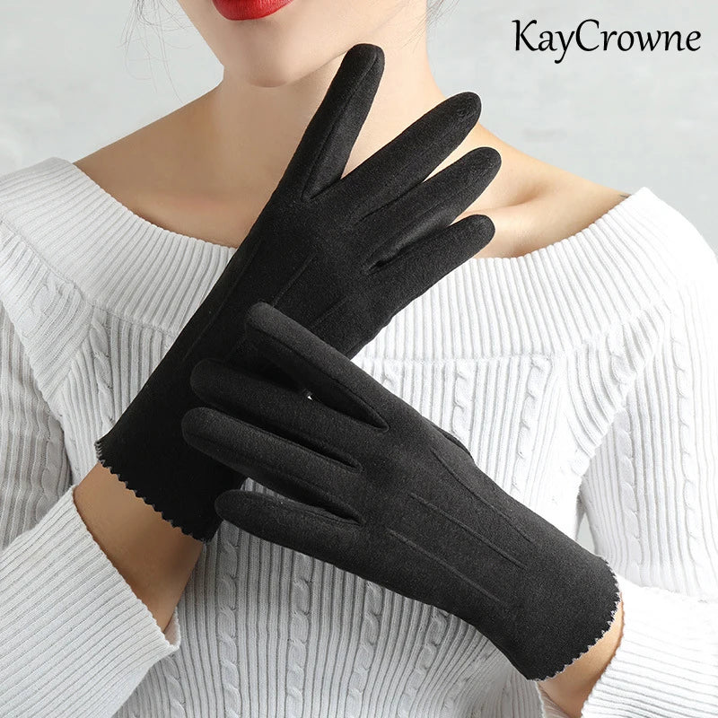 Women Slim Vintage Windproof Touch Screen Suede Winter Gloves