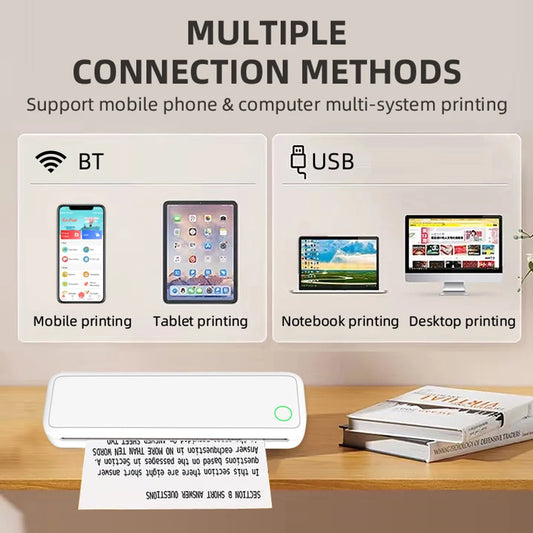 Portable Thermal Printer Inkless Bluetooth A4 Mobile Travel Printer Label Maker with Printing Paper