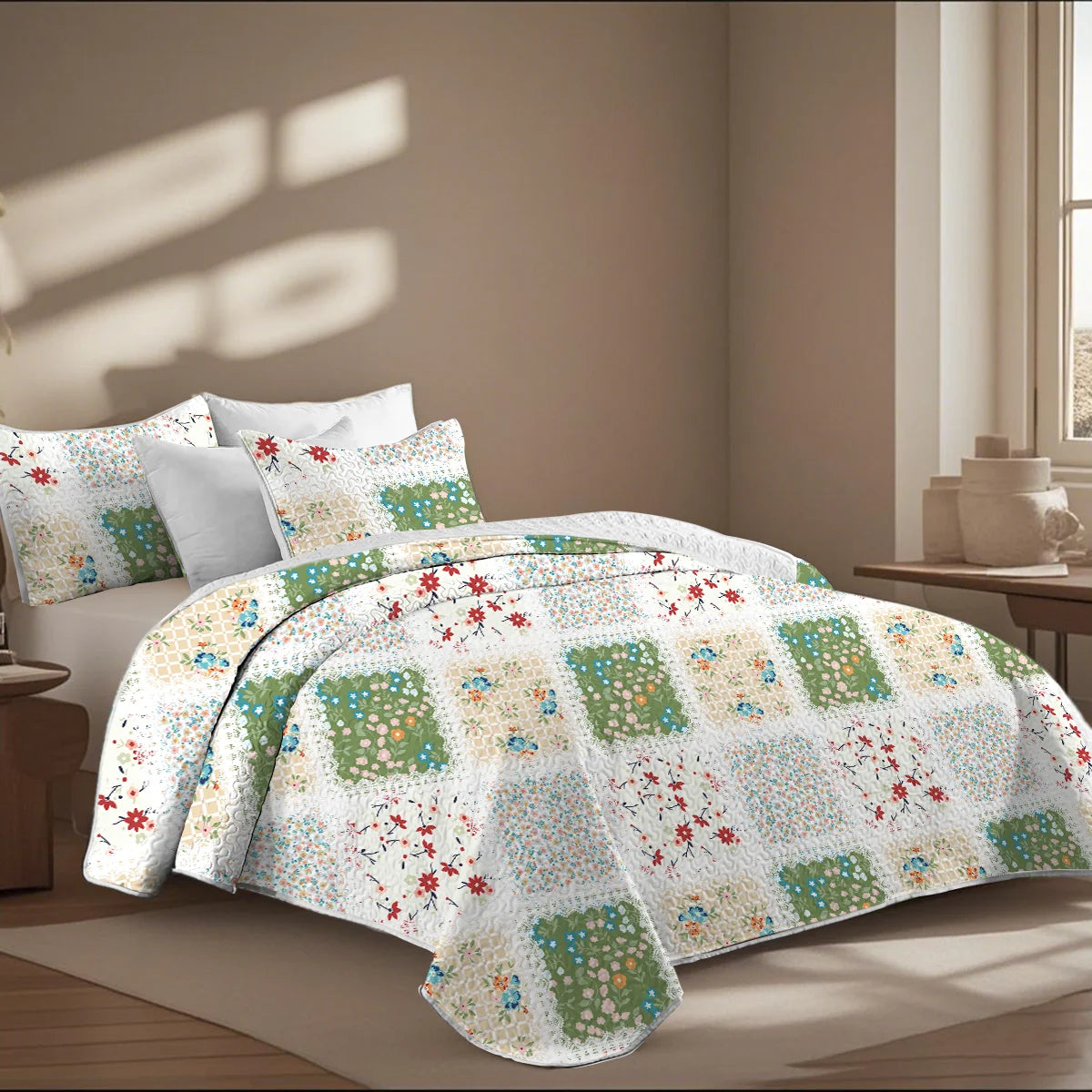 2/3-Pcs Geometric Grid Printed Quilt Set, Cal King, Durable, Breathable