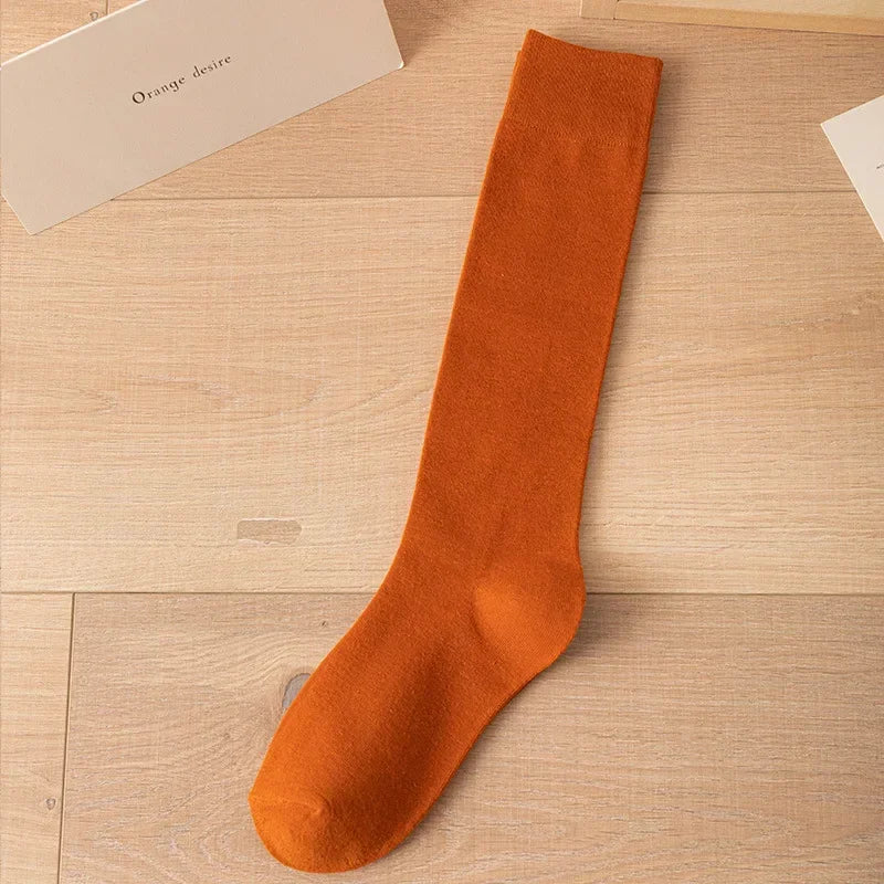 Women's Soft Cotton Knee High Long Socks Black White Solid Calf