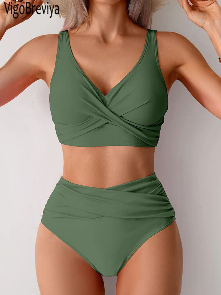 VigoBreviya 2025 Sexy Solid Strapped Swimwear Women Cross Push Up Bikini Set Brazilian Lady Swimsuit High Waist Beach Bath Suit
