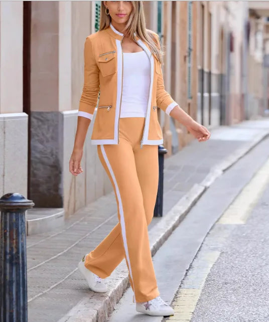 Spring Autumn Two Piece Women Suit Pencil Pant & Zipper Sweater