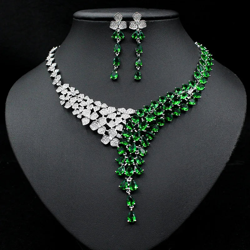 Women Flower Drop Necklace Earring 18K Gold Plated Pink Crown Zirconia