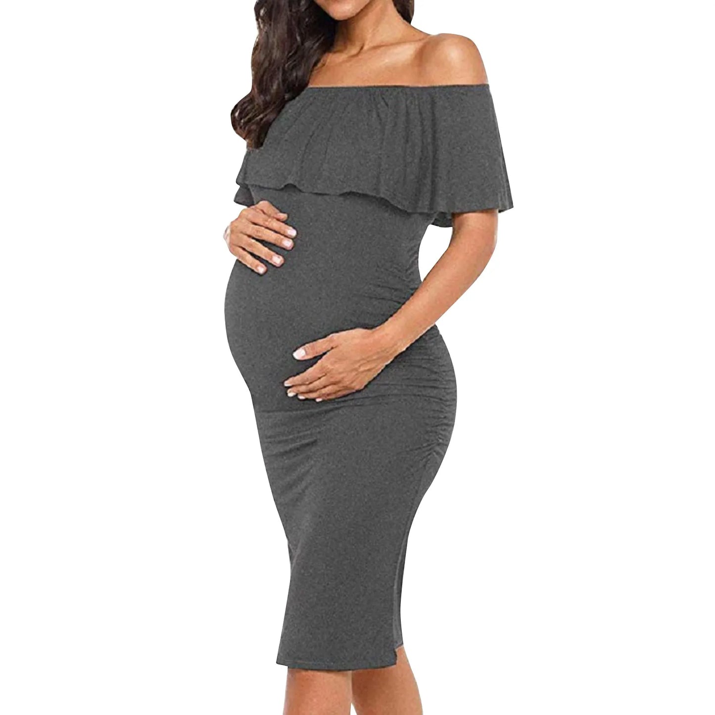 Maternity Dress Short Sleeve Slash Ruffles
