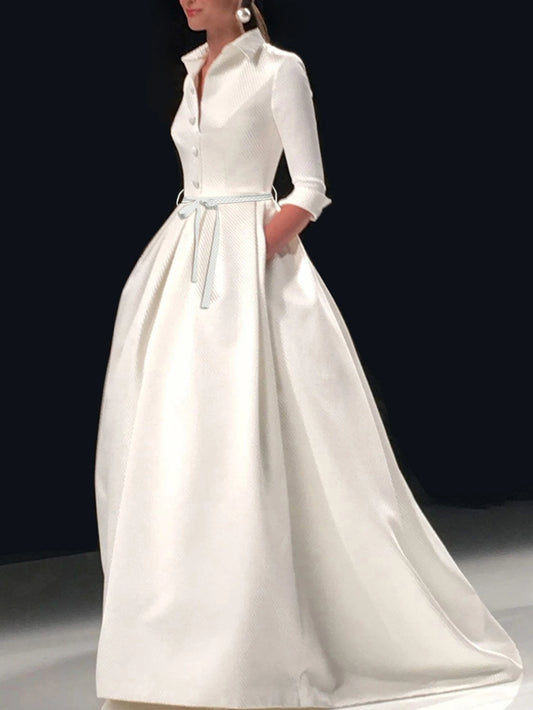 Elegant Women Wedding Guest Long Dress Long Sleeve Stand Collar White A-Line Pleated with Belt
