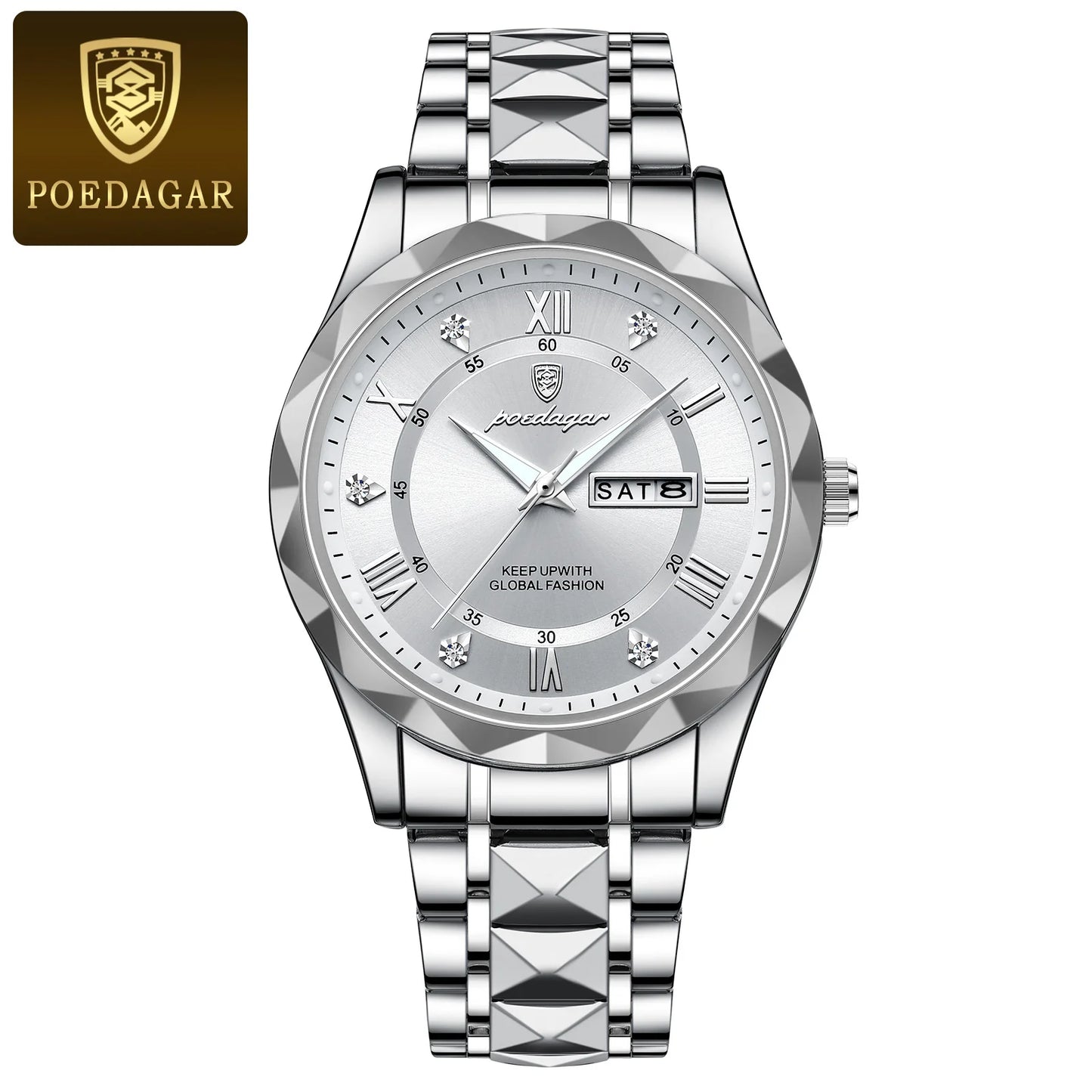 POEDAGAR Top Brand Luxury Men's Waterproof Stainless Steel Quartz Watch Luminous Calendar Week