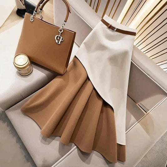 Women's Casual Brown White Patchwork Elegant Skirt Autumn/Winter High Waist Skirts