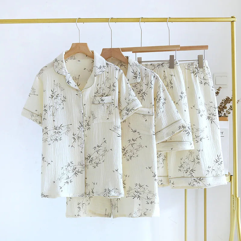 Summer Couple Pajama Set 100% Pure Cotton Short sleeved Shorts for Men and Women Two Piece
