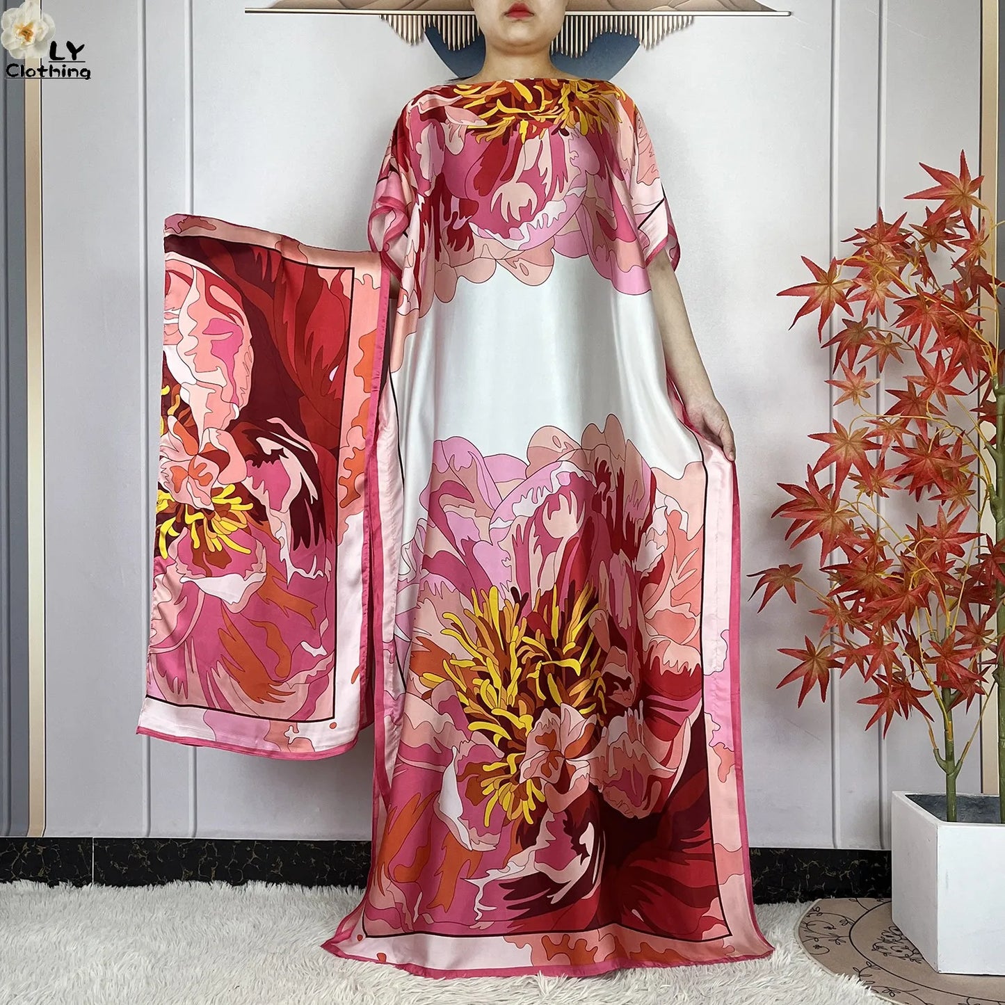 Women Printed Silk Soft Loose Maxi Party Dresses With Belt Turban