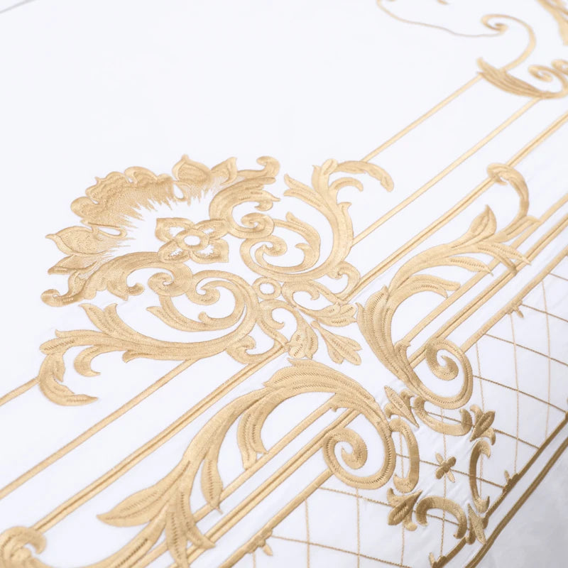 European Luxury White Egyptian Cotton Gold Embroidery Bedding Set Quilt Cover Fitted Bed Sheet Pillowcases Solid Home Textiles