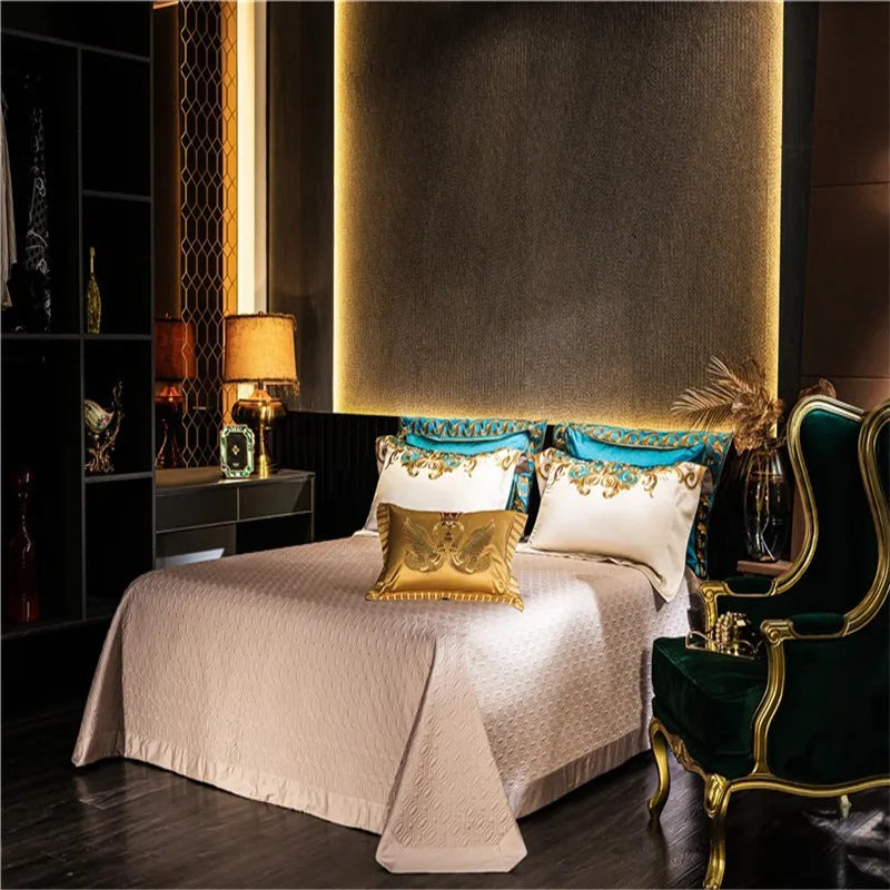 Gold and Blue Embroidery Satin Comforter Cover 4/6/10Pcs Bedding set