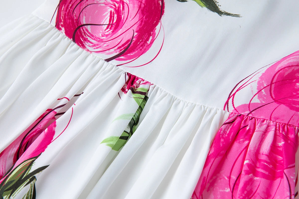 Summer French Women's Retro Pink Flower Waist Cinching Slimming Big Swing Dress Elegant Anti-aging Short Sleeved Skirt