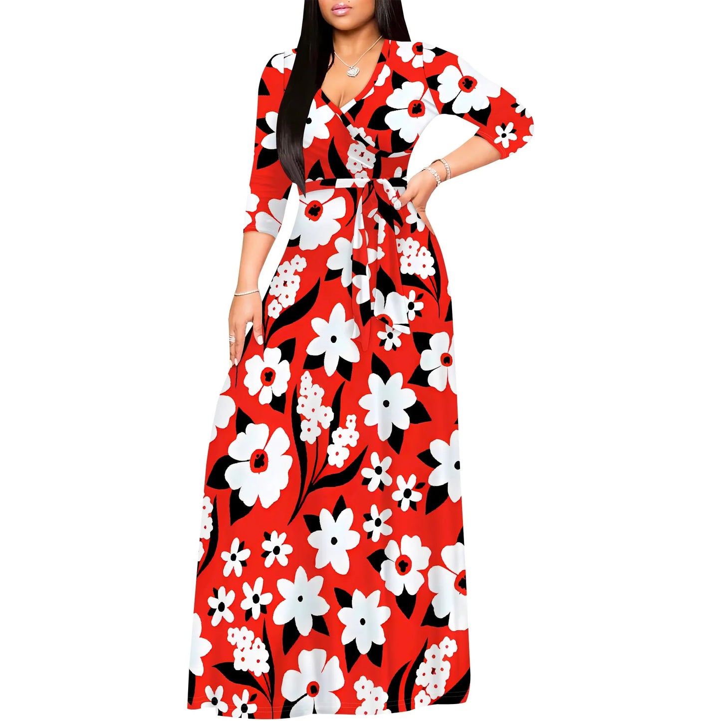Romantic Floral Rose V-Neck 3/4 Sleeve Wrap Maxi Dress with Belt