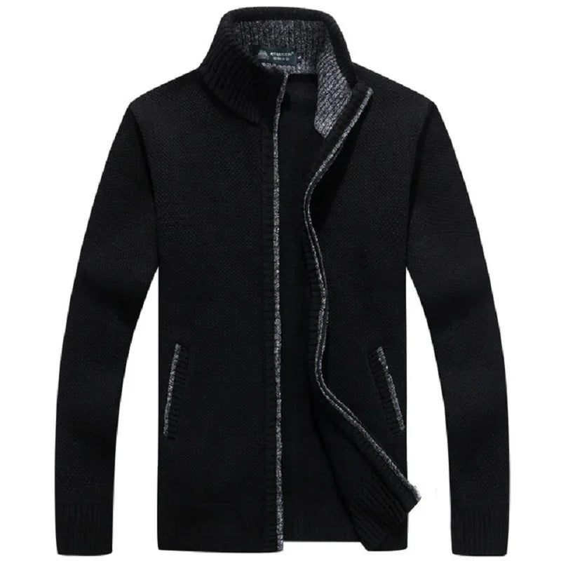 Winter Men's Knitted Sweater Coat Long Sleeve Thick Cardigan Fleece Zipper Causal Solid Color