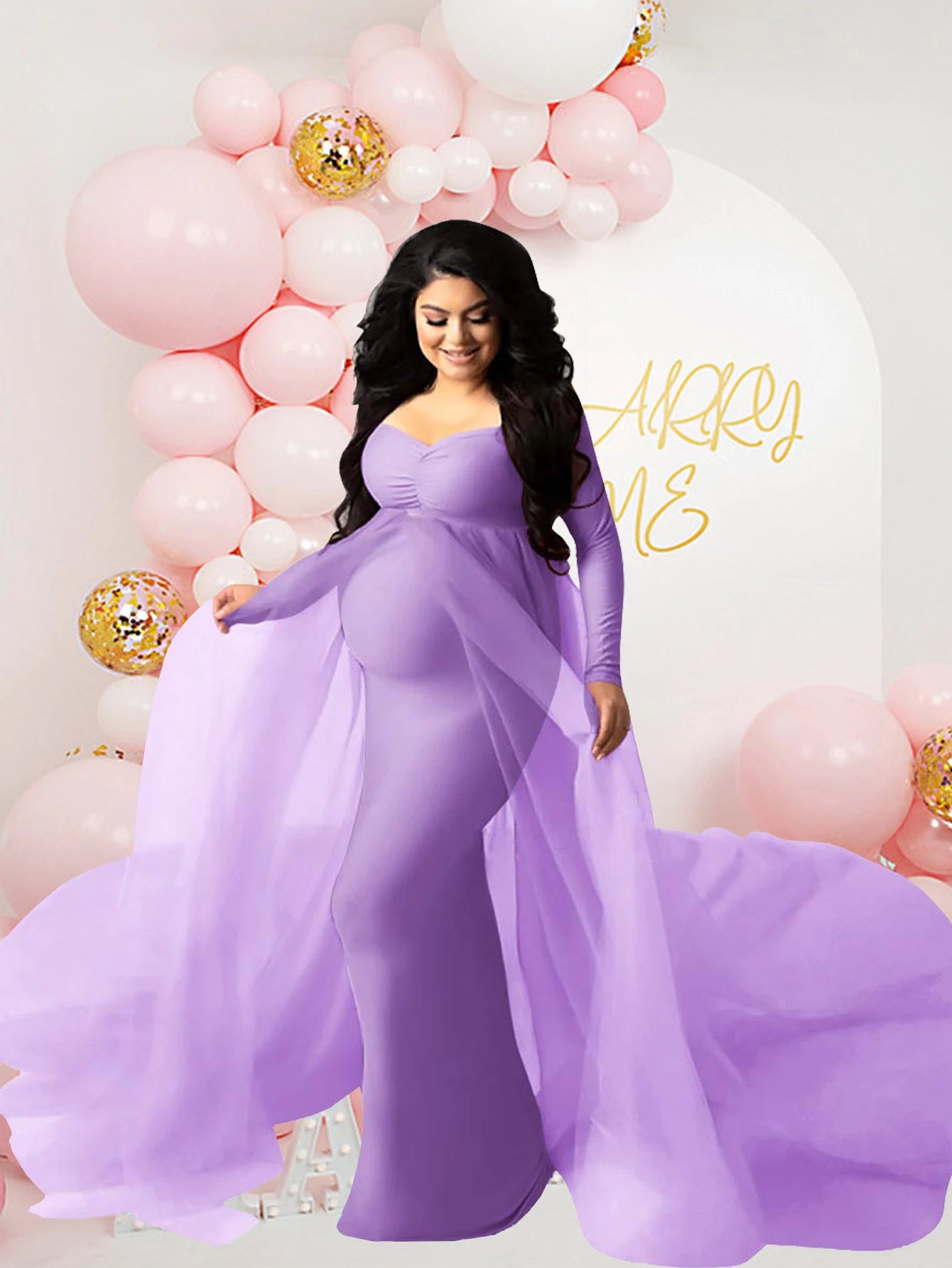 Maternity Long Sleeved Floor Length Mesh Dress