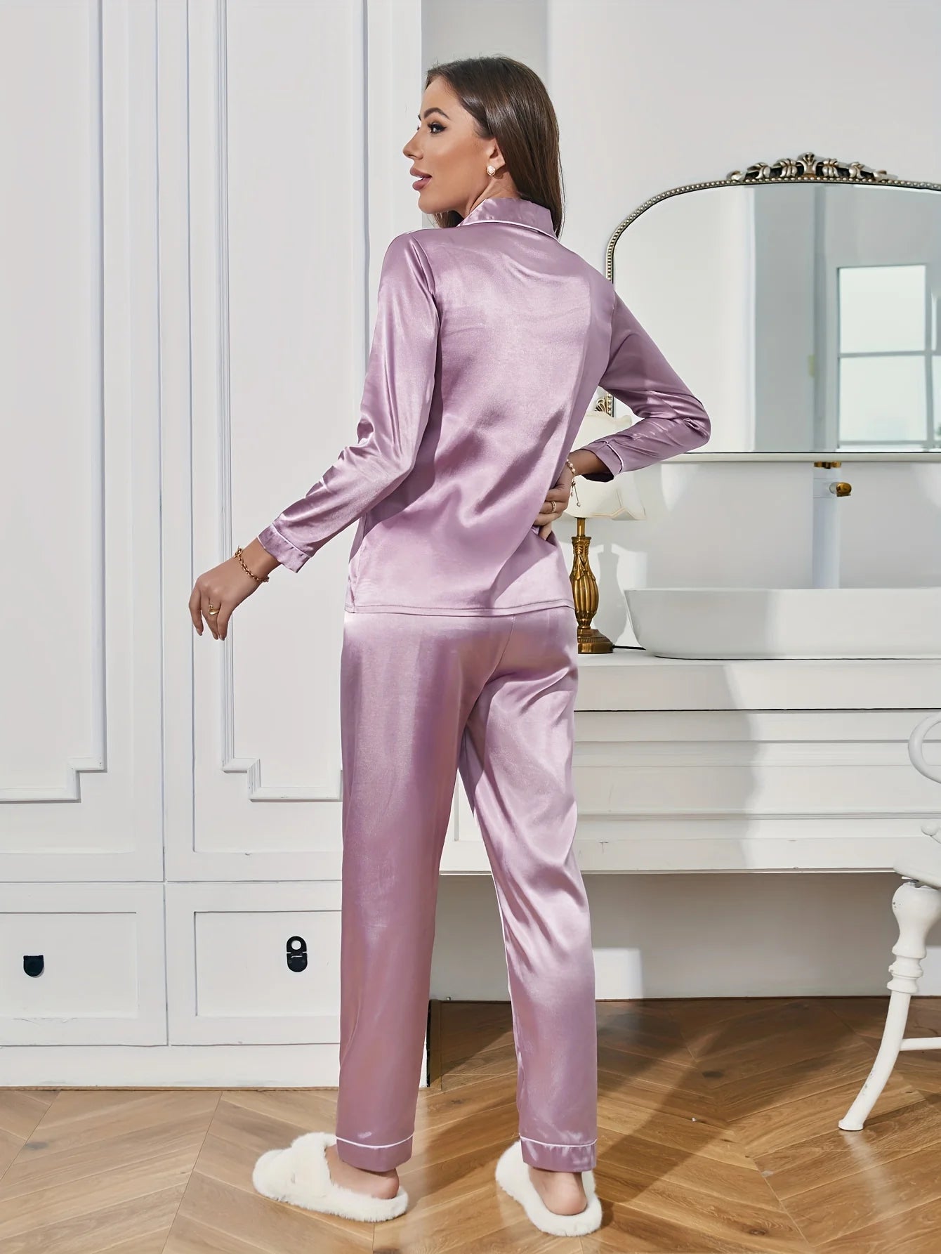 Women Solid Pajama Set Long Sleeve Button Up Lapel Top & Pants