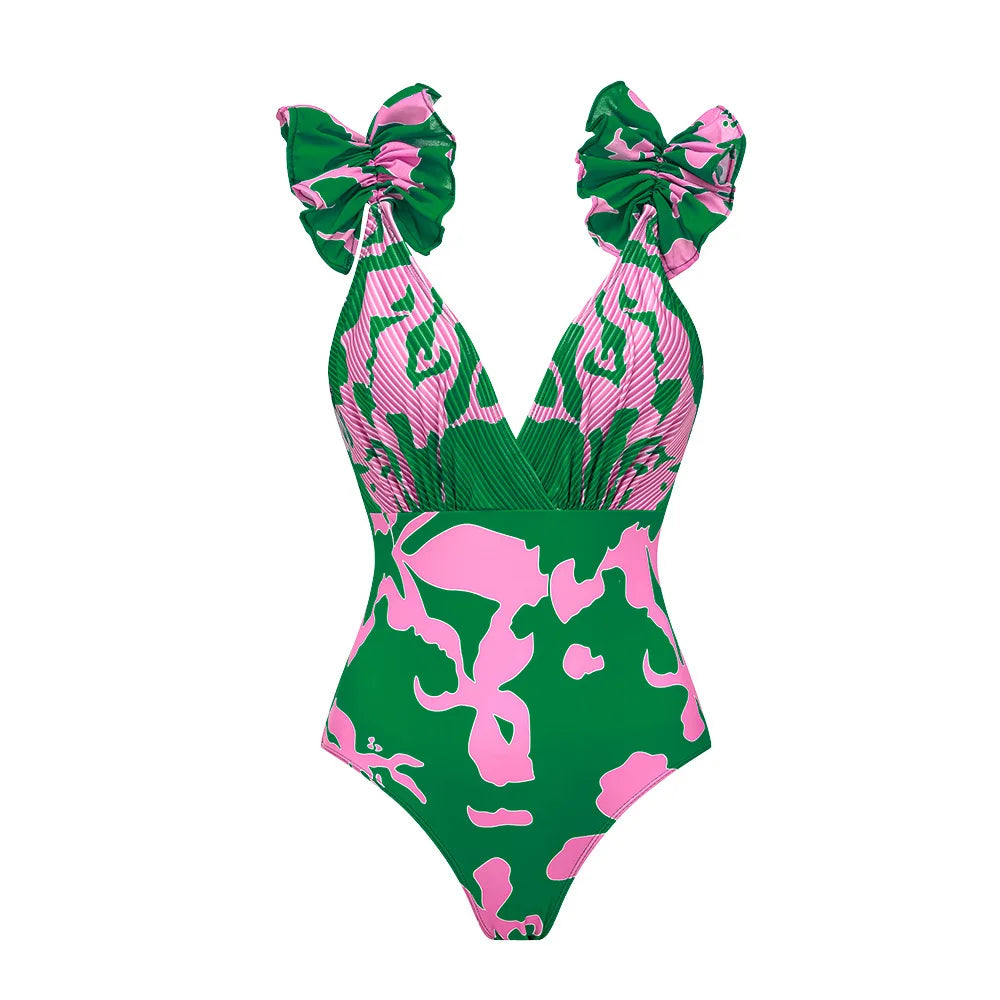 Swimwear 2PC Cover-up Swimsuit Ruffle Printed Deep V One-piece Kimono Bikini Suit