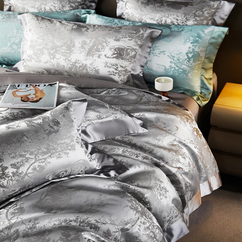 4/6Pcs Luxury Beige Gold Brocade Jacquard Egyptian Cotton Bedding Set Duvet Cover Flat/Fitted Bed Sheet Pillowcases