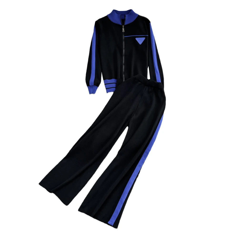 Fashionable Knitted Sportswear Set Open Cardigan & Wide Leg Pants Two Piece Set