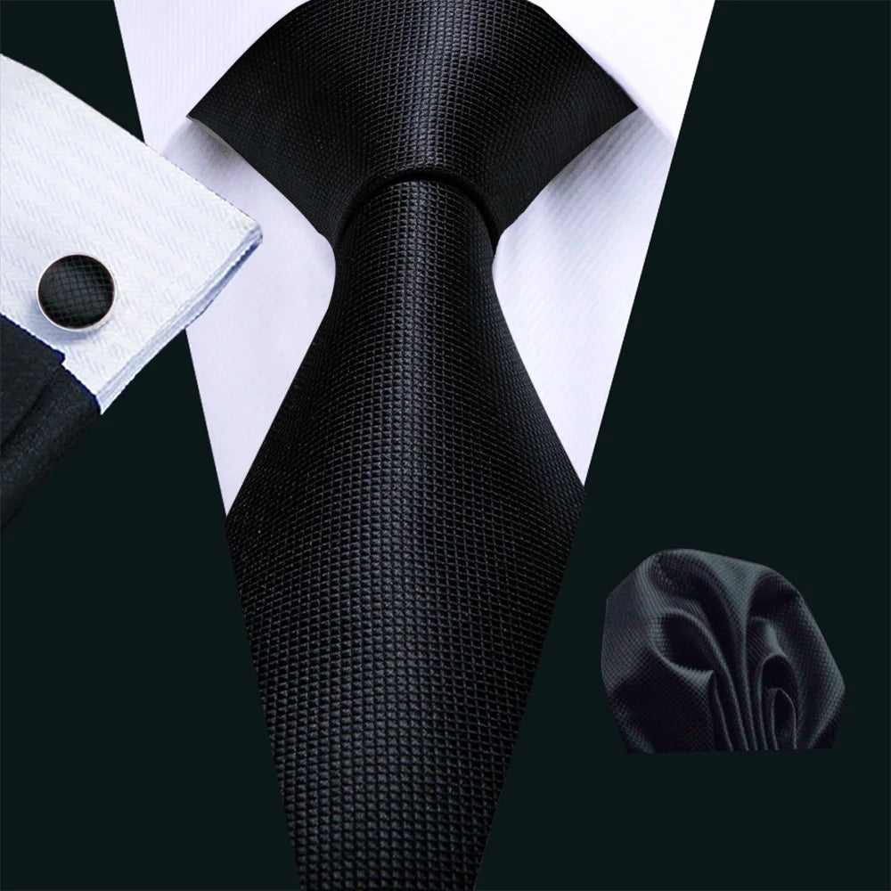 Business Black Silk Ties For Men Classic Solid High Quality Woven Pocket Square Cufflinks Sets Party Formal Designer Barry Wang