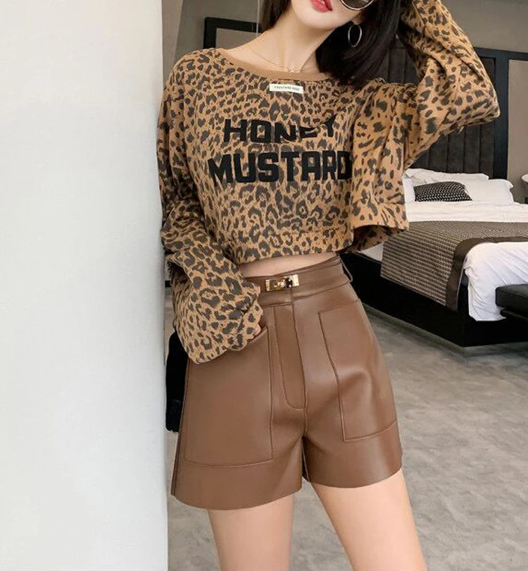 Real Sheepskin Leather Women Shorts