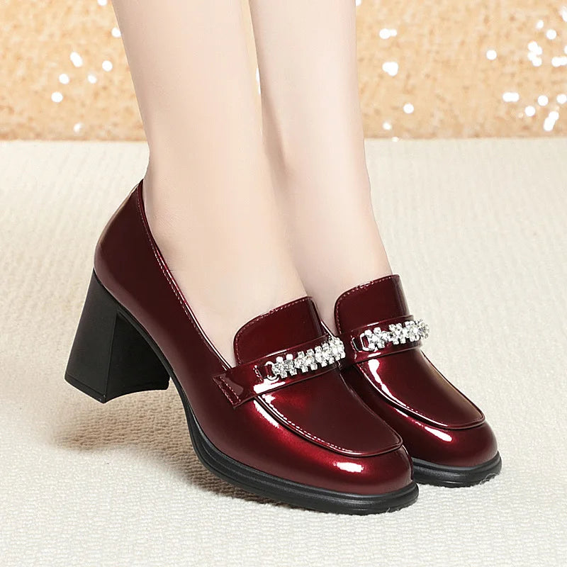 Leather High Thick Heel Pointed Toe Woman Pump Shoes