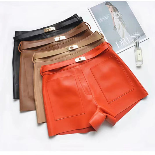 Real Sheepskin Leather Women Shorts