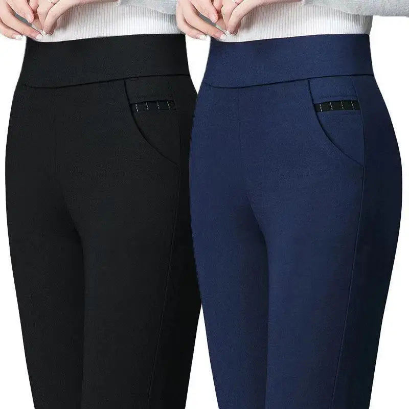 Women Slim Pencil Pants Spring Autumn High Waist Elastic Pockets Solid Elegant