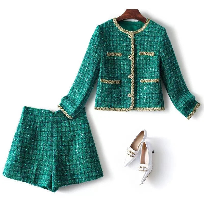 Women Elegant Winter Tweed Fragrant Suit Jacket Coat Top & Skirt Two Piece Set