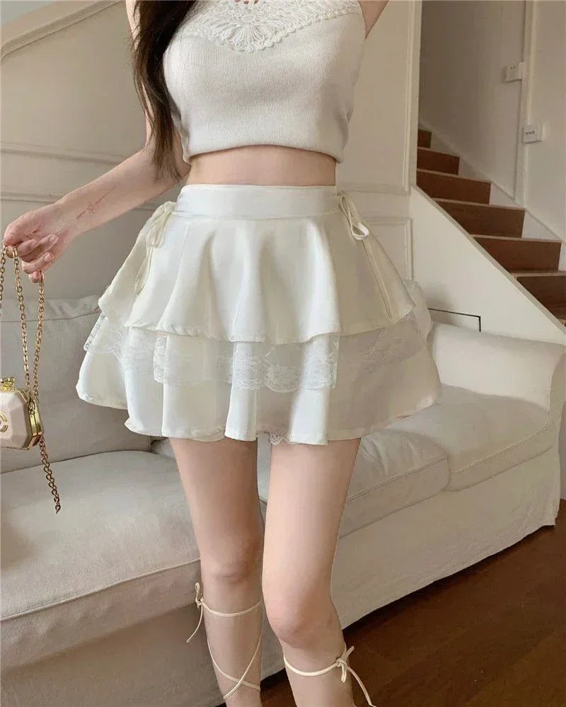 Y2K Sweet Solid Women Mini Skirt Summer High Waist Lace Patchwork Ladies Ball Gown Fashion All Match Ruffles Female Skirt