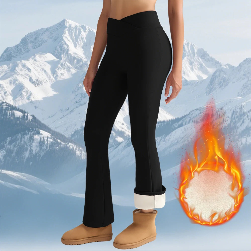 Winter Thermal Fleece Tommy Control Women Leggings Thick Flared Pants High-Waisted