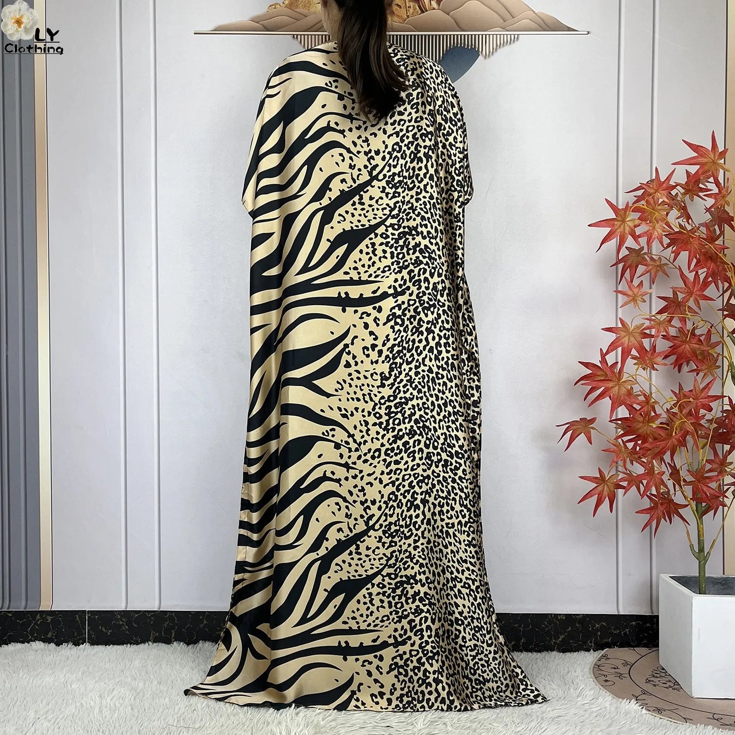 Women Printed Silk Soft Loose Maxi Party Dresses With Belt Turban