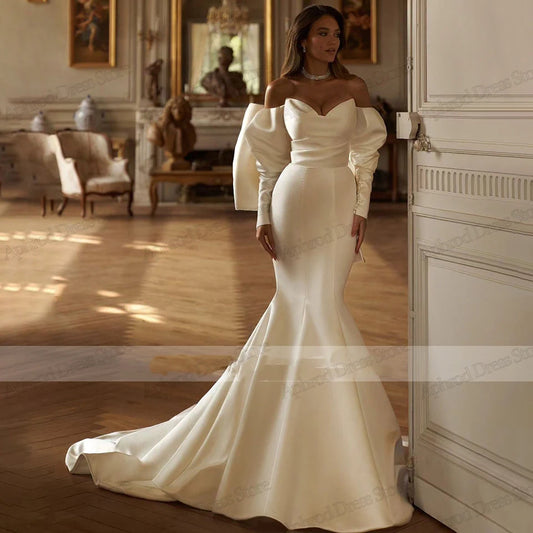 Glamorous Wedding Satin Dress Bridal Gowns Luxury Mermaid Off The Shoulder Robe