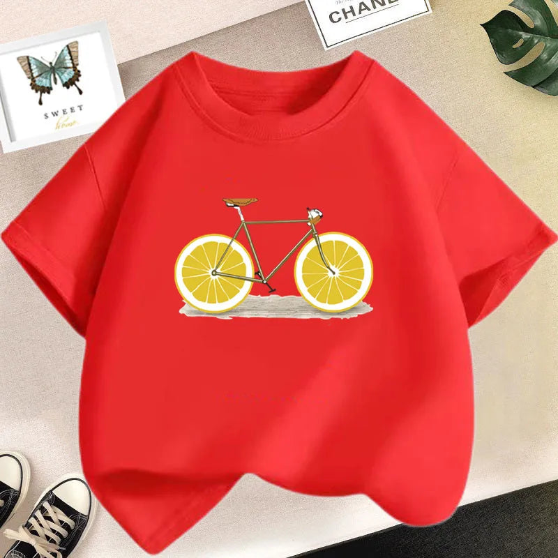 Kids T Shirt Cute Lemon Fruit Cartoon Bike Printed Tops Tee Short Sleeve Graphic Summer Fashion Boy Girl Clothing Unisex T-shirt