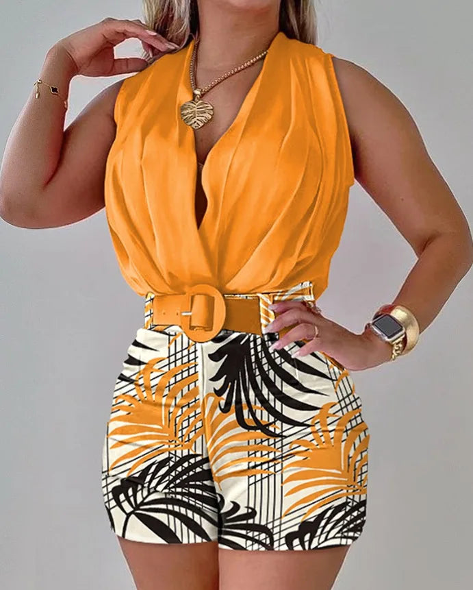 Trendy Print Short Two Piece Set Women Halter Neck Sleeveless Tops Belt High Waist Slim Shorts