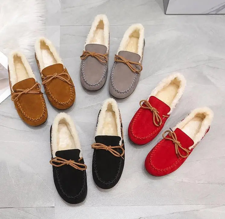 Women's Moccasins Soft Loafers Comfort Warm Plush Bow Slip on Cotton Shoes
