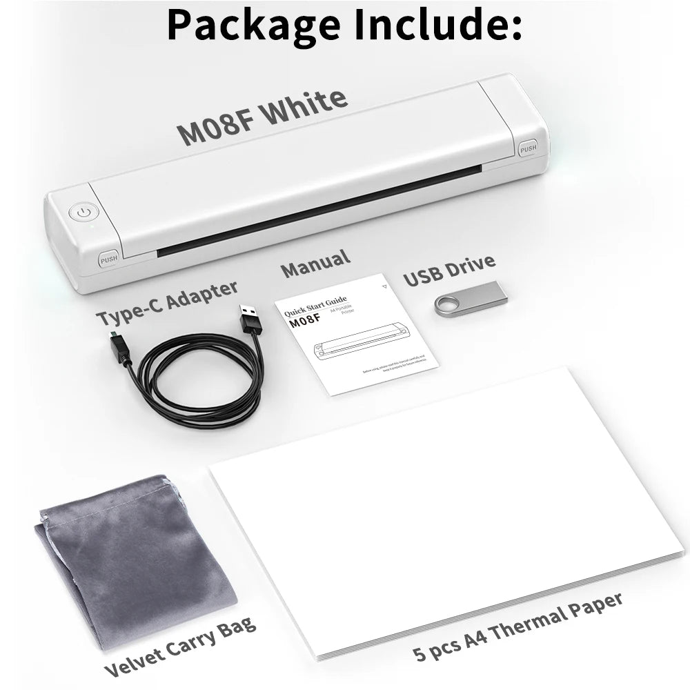 M08F Portable Phone Travel Home Wireless Thermal Printer Bluetooth Use A4 Mobile Printer for Laptops Inkless