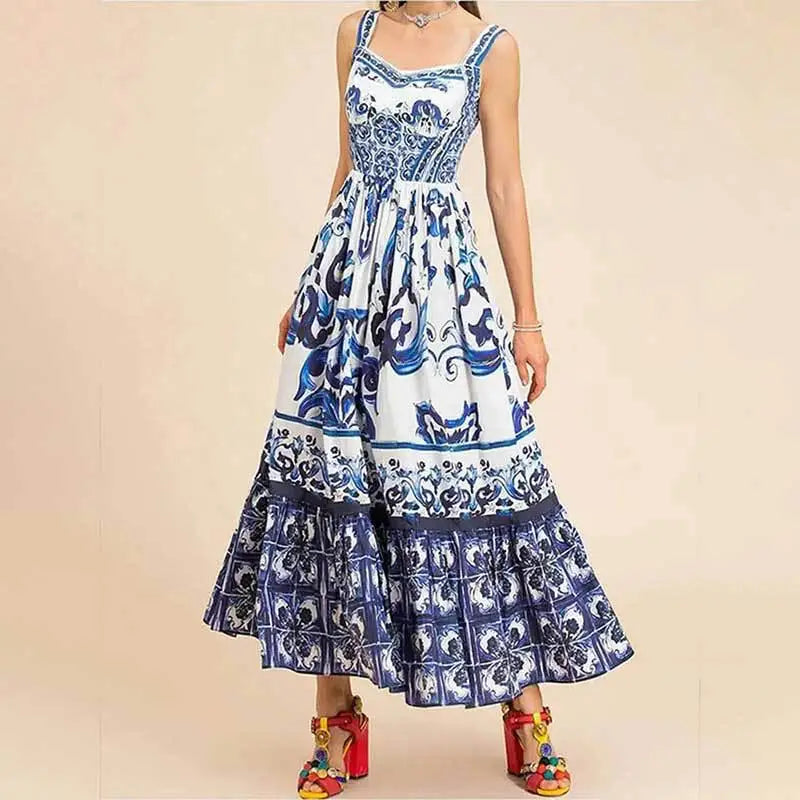 Elegant Summer Bohemian Sling Print Sleeveless A-line Long Dress