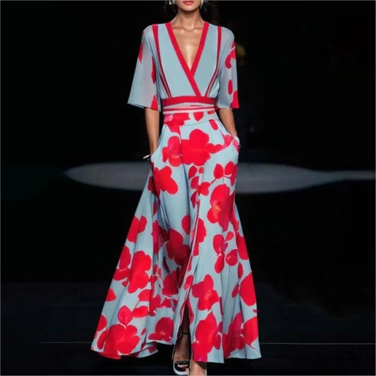 Elegant Women V Neck Belted Party Long Dress Sexy Printing A-Line