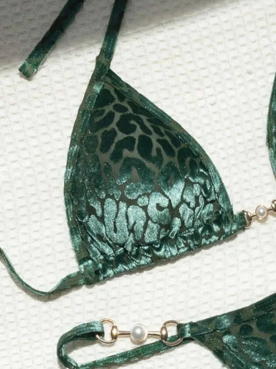 Sexy Leopard Velvet Bikini Bra Thong Swimwear Two-piece